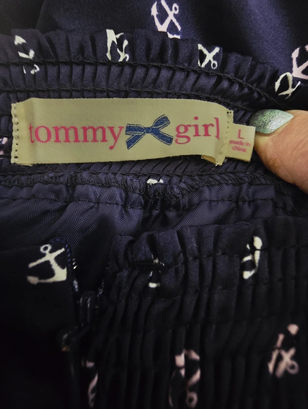 Tommy Girl Hilfiger Sz L Elastic Skirt Women Ruffle Lined Anchor Print Nautical